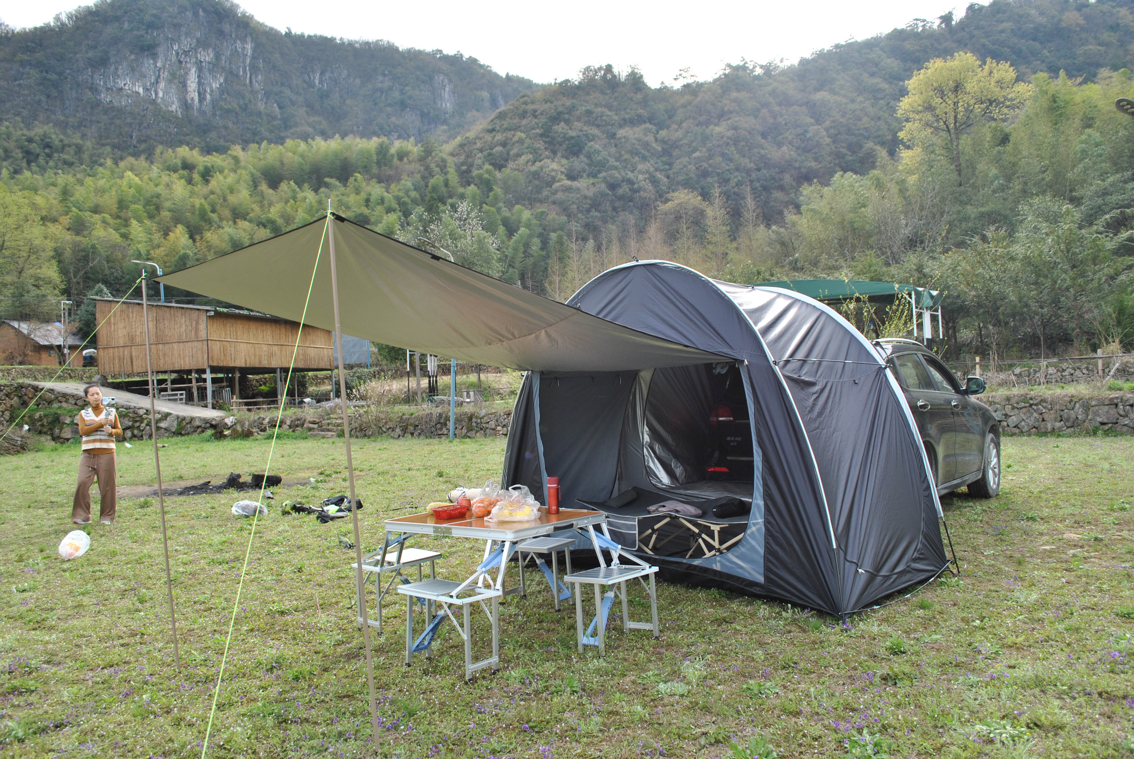 Cheap Goat Tents Suv Car Rear Extension Tent Bicycle Storage Outdoor Camping Beach Silver Coated Waterproof Cycling Hiking Tent With Front Door
