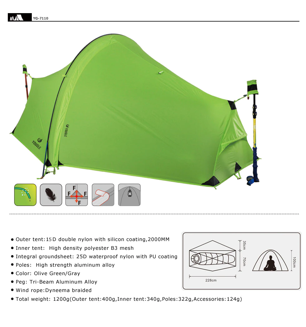 Cheap Goat Tents 15d Double Layer One Men Single Person Tunnel Backpacking Tent 3 Season For Camping Hiking Travelling Ultralight Silicone Coated