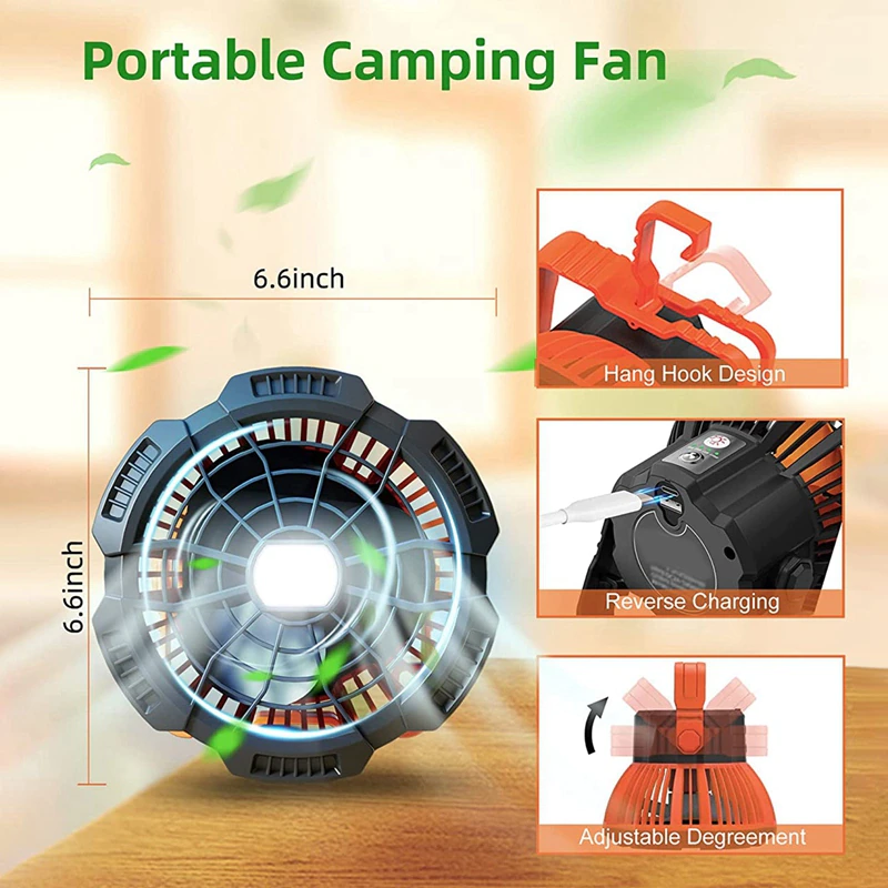 Cheap Goat Tents Camping Fan With Led Lantern, 25 Hours Portable Battery Operated Fan With Hang Hook, Rechargeable Outdoor Tent Fan