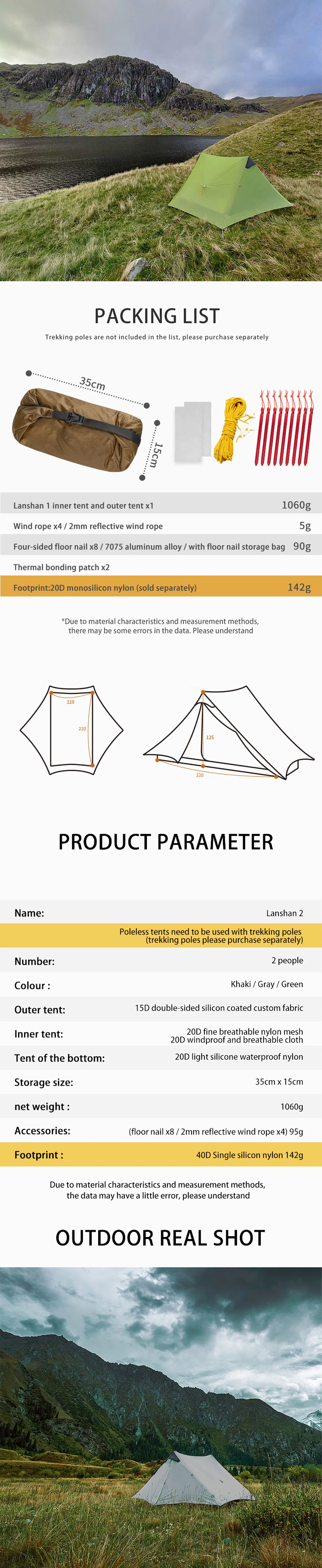 Cheap Goat Tents Lanshan 2 3f Ul Gear 2 Person 1 Person Outdoor Ultralight Camping Tent 3 Season 4 Season Professional 15d Silnylon Rodless Tent