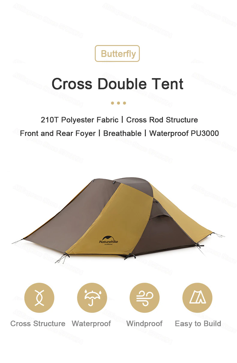 Cheap Goat Tents  Butterfly Cross Bracket 2 Person Tent Camping 2 Large Hall 210t Waterproof 2.7kg Beach Forest Tent Hiking Equipment