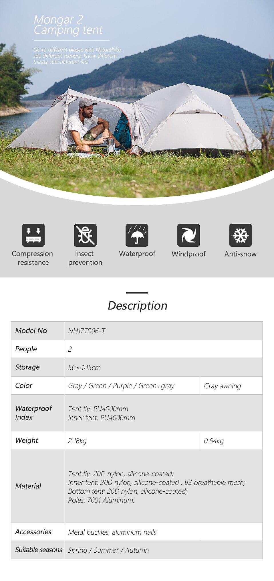 Cheap Goat Tents  Mongar 2 Camping Tent 3 Seasons 20d Nylon Double Layer Tent For 2 Persons
