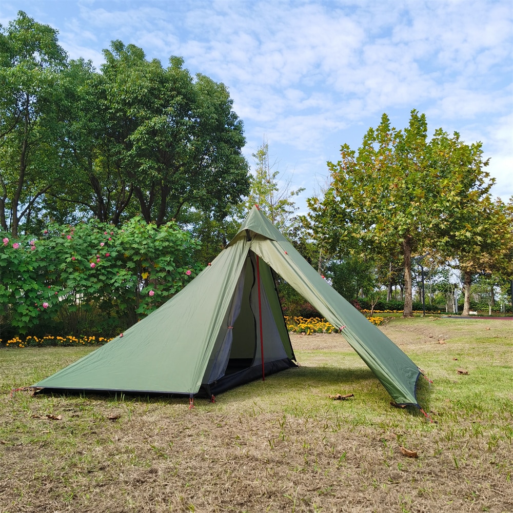 Cheap Goat Tents Outdoor Quadrilateral Pyramid Tent Ultralight Camping Tent 210t Plaid 4 Seasons Backpacking Tent With Chinmey Hole 270x270x160cm