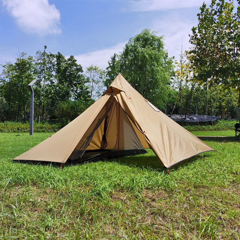 Cheap Goat Tents Outdoor Quadrilateral Pyramid Tent Ultralight Camping Tent 210t Plaid 4 Seasons Backpacking Tent With Chinmey Hole 270x270x160cm