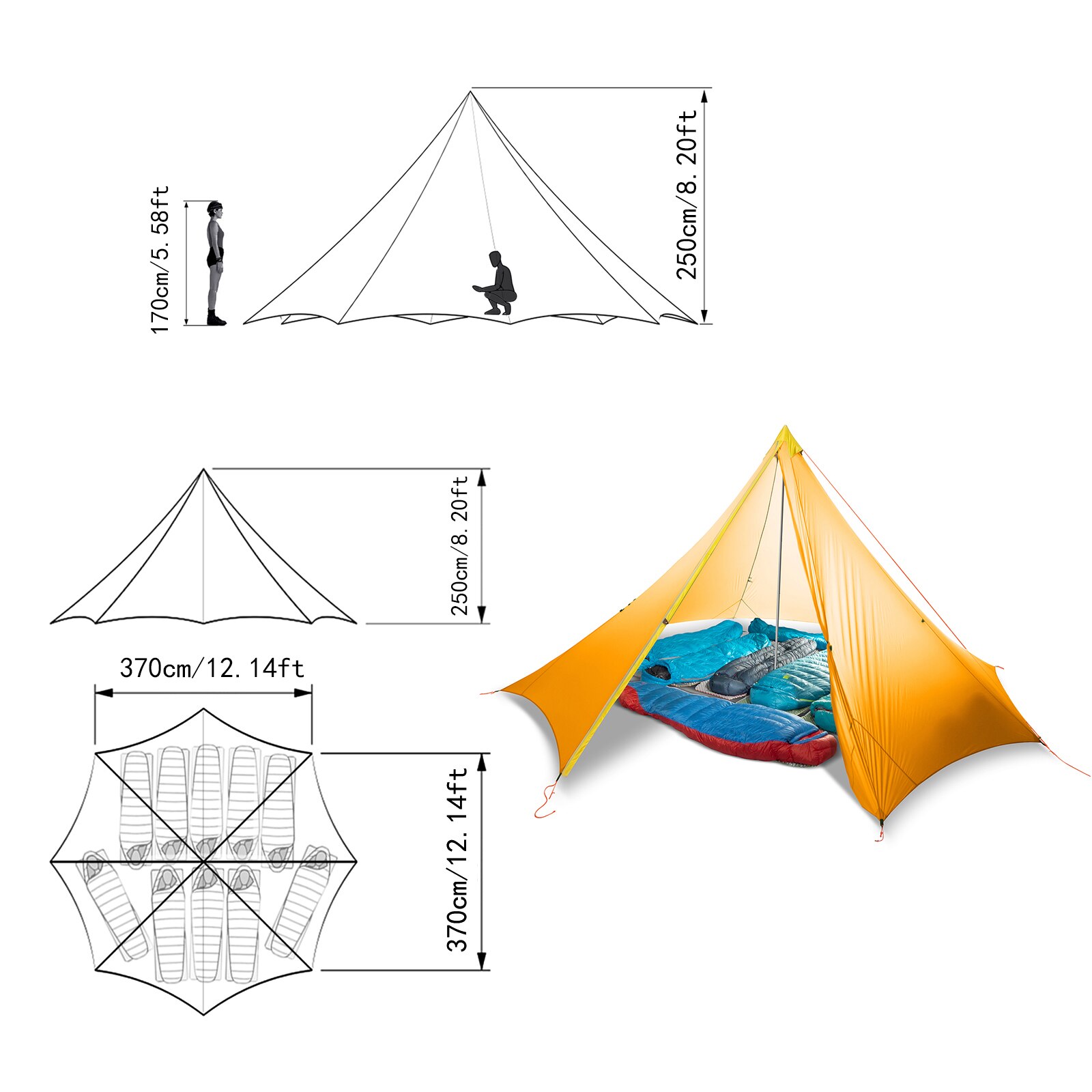 Cheap Goat Tents Ultralight 1350g 4 Season 10 Person 20d Nylon Both Sides Silicon Coating Rodless Pyramid Large Space Tent Flysheet Awning Canopy